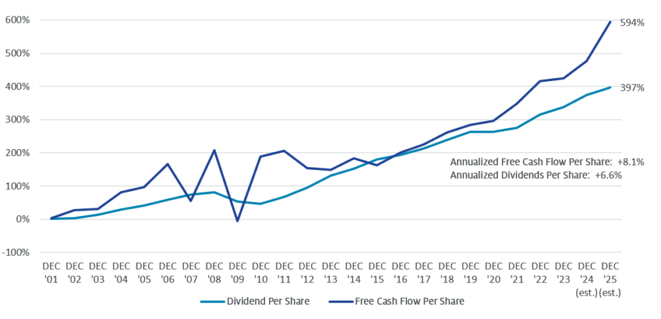 S&P 500 Index: Dividends & Free Cash Flow Cumulative Growth